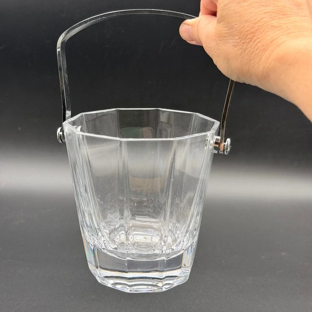 Vintage Crystal Glass Ice Bucket with Silver Swing Handle Panel Cut Barware